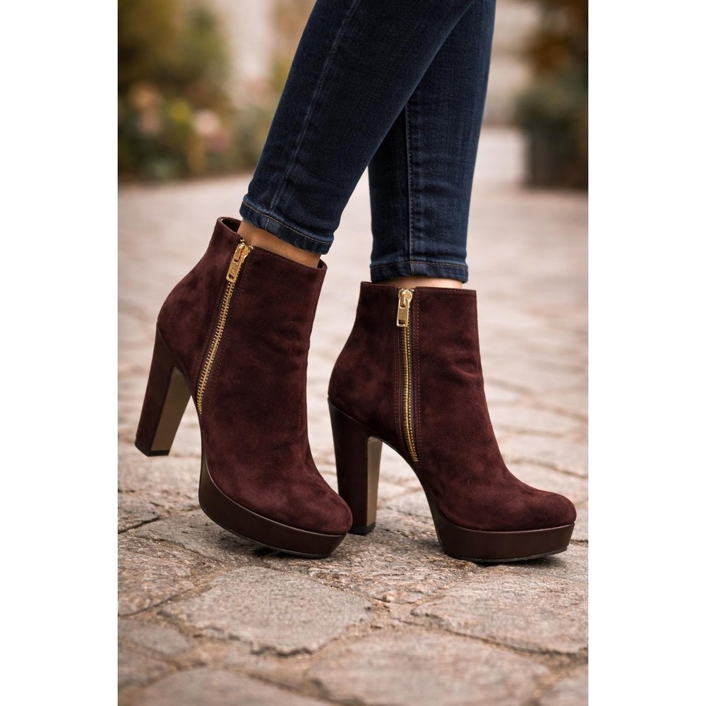 Vince Camuto Brown Suede Platform Ankle Boots Gold Zip Block Heel 6.5B - Picture 2 of 9